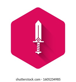 White Sword for game icon isolated with long shadow. Pink hexagon button. Vector Illustration