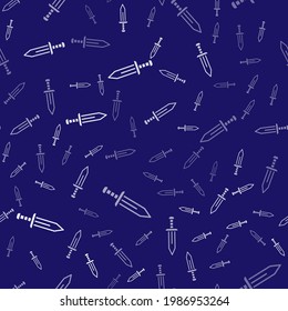 Weiße Schwertsymbol einzeln auf blauem Hintergrund. Mittelalterliche Waffe.  Vektorgrafik