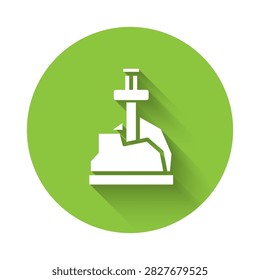White Sword in the stone icon isolated with long shadow. Excalibur the sword in the stone from the Arthurian legends. Green circle button. Vector