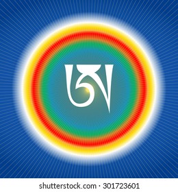 White syllable A on blue background. Tibetan letter A. Dzogchen symbol. Buddhism.