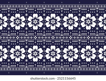 Símbolo blanco floral sobre fondo azul oscuro, patrón transparente de tela étnica, diseño para tela, alfombra, batik, Fondo de pantalla, envoltura, etc.