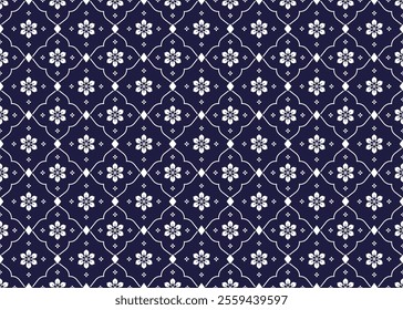 White symbol floral on dark blue background, Portuguese style, ethnic fabric seamless pattern, design for cloth, carpet, batik, wallpaper, wrapping etc.