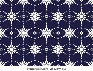 White symbol floral on dark blue background, ethnic fabric seamless pattern, design for cloth, carpet, batik, wallpaper, wrapping etc.