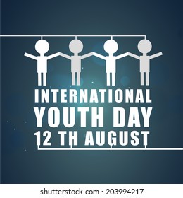 White symbol of peoples with joining hands on international youth day 12th august on shiny blue background. 