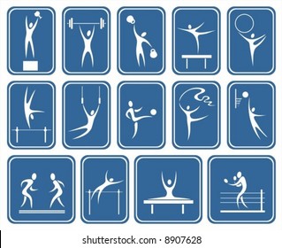 White symbolical images of various kinds of sports on a dark blue background.