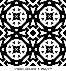 White symmetric figures on black background. Repeating different shapes abstract. Seamless surface pattern design. Ancient motif. Digital paper for page fills, web design, textile print. Vector art