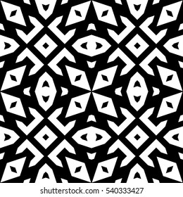 White symmetric figures on black background. Repeating different shapes abstract. Seamless surface pattern design. Ancient motif. Digital paper for page fills, web design, textile print. Vector art