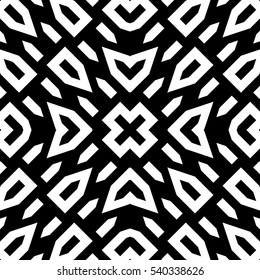 White symmetric figures on black background. Repeating five-sided polygons and other shapes abstract. Seamless surface pattern design. Closed curves and dashes wallpaper. Digital paper. Vector art