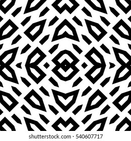 White symmetric figures on black background. Repeating five-sided polygons and different shapes abstract. Seamless surface pattern design. Closed curves and dashes wallpaper. Digital paper. Vector art