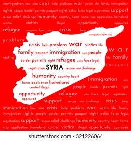 White Syria country map silhouette surrounded bloody red color with the words: war victim immigration Syria refugee. War victims and refugee crisis in the Mediterranean concept.  vector illustration
