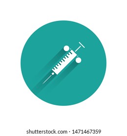 White Syringe icon isolated with long shadow. Syringe for vaccine, vaccination, injection, flu shot. Medical equipment. Green circle button. Vector Illustration