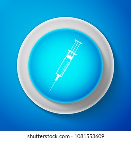 White Syringe icon isolated on blue background. Syringe sign for vaccine, vaccination, injection, flu shot. Medical equipment. Circle blue button with white line. Vector Illustration