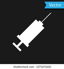 White Syringe icon isolated on black background. Syringe for vaccine, vaccination, injection, flu shot. Medical equipment. Vector Illustration