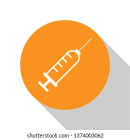 White Syringe icon isolated on white background. Syringe for vaccine, vaccination, injection, flu shot. Medical equipment. Orange circle button. Flat design. Vector Illustration