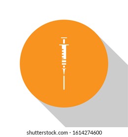 White Syringe icon isolated on white background. Syringe for vaccine, vaccination, injection, flu shot. Medical equipment. Orange circle button. Vector Illustration