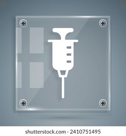 White Syringe icon isolated on grey background. Syringe for vaccine, vaccination, injection, flu shot. Medical equipment. Square glass panels. Vector