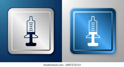 White Syringe icon isolated on blue and grey background. Syringe for vaccine, vaccination, injection, flu shot. Medical equipment. Silver and blue square button. Vector