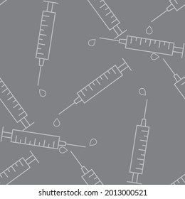 White Syringe icon seamless pattern on dark background. Syringe for vaccine or vaccination or injection concept texture. Line art vector illustration.