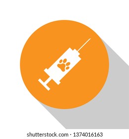 White Syringe with pet vaccine icon isolated on orange background. Dog or cat paw print. Orange circle button. Vector Illustration