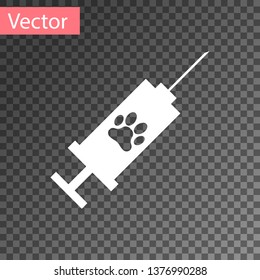 White Syringe with pet vaccine icon isolated on transparent background. Dog or cat paw print. Vector Illustration