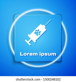 White Syringe with pet vaccine icon isolated on blue background. Dog or cat paw print. Blue square button. Vector Illustration