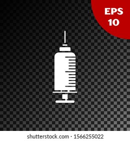 White Syringe with pet vaccine icon isolated on transparent dark background. Dog or cat paw print.  Vector Illustration