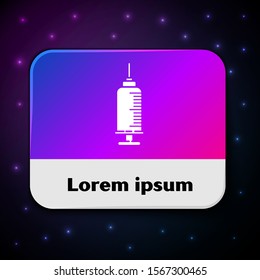 White Syringe with pet vaccine icon isolated on black background. Dog or cat paw print. Rectangle color button. Vector Illustration