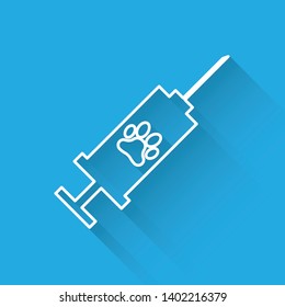 White Syringe with pet vaccine line icon isolated with long shadow. Dog or cat paw print. Vector Illustration