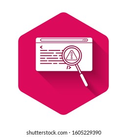 White System bug concept icon isolated with long shadow. Code bug concept. Bug in the system. Bug searching. Pink hexagon button. Vector Illustration