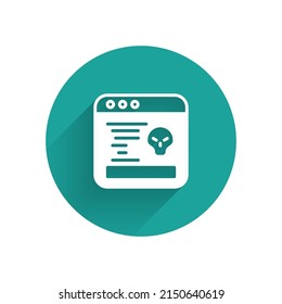 Icono de concepto de error del sistema blanco aislado con sombra larga. Concepto de error de código. Error en el sistema. Búsqueda de fallos. Botón Círculo verde. Vector