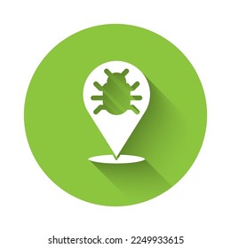 White System bug concept icon isolated with long shadow. Code bug concept. Bug in the system. Bug searching. Green circle button. Vector