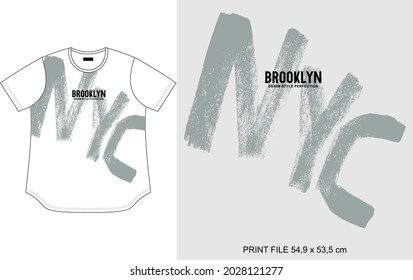 white t shirt design with brush texture print, NYC, brooklyn word print, clothing apparel style.