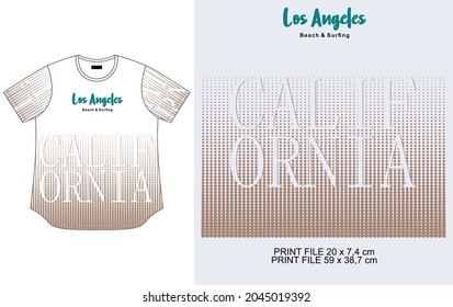 white t shirt design, dot texture print, los angeles words, clothing apparel style