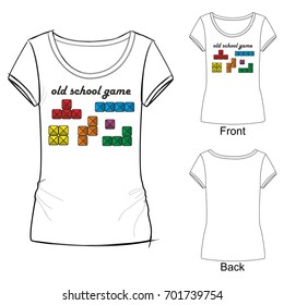 White t shirt with fashion print with colored tetris boxes and lettering "old school"