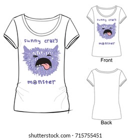 White t shirt with fashion print with Vector illustration funny crazy monster. Sketch illustration drawn with colored crayons