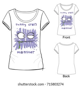 White t shirt with fashion print with Vector illustration funny crazy monster. Sketch illustration drawn with colored crayons