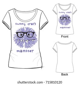 White t shirt with fashion print with Vector illustration funny crazy monster. Sketch illustration drawn with colored crayons