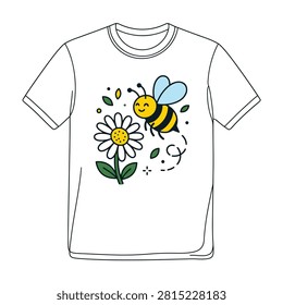 White t shirt with smiling bee and daisy flower illustration clothing honeybee