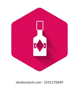 White Tabasco sauce icon isolated with long shadow background. Chili cayenne spicy pepper sauce. Pink hexagon button. Vector