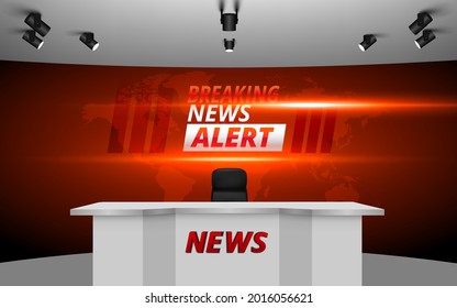 mesa blanca con noticias de última hora sobre fondo de pantalla led en la sala de noticias