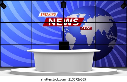 mesa blanca y noticias de último minuto sobre el mundo en el fondo de los leds en la sala de noticias