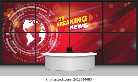 white table and breaking news on led background in the news studio room