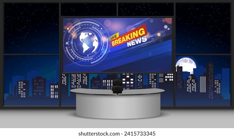 mesa blanca y noticias de última hora sobre fondo de pantalla led en la sala de noticias