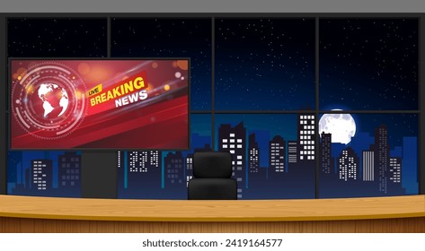 white table and breaking news on led screen background in the news studio room	