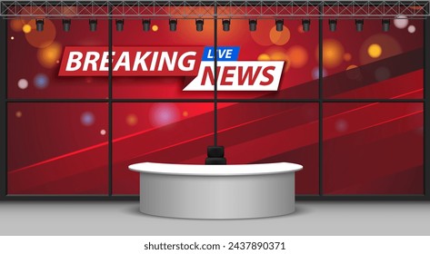 white table and breaking news on lcd background in the news studio room	