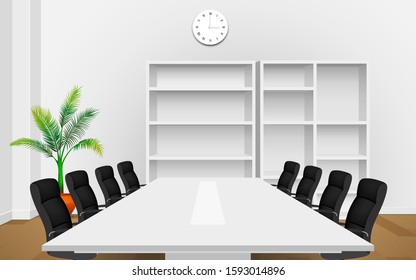 white table and chairs with bookcase in the meeting room