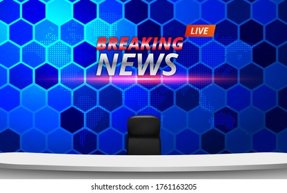 white table and chairs with breaking news live on lcds background in the news studio room