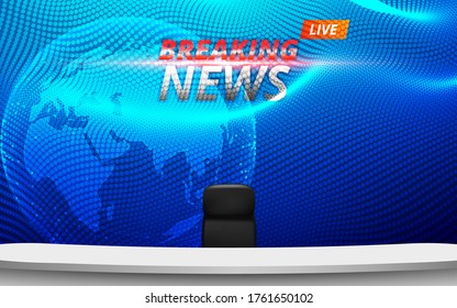 weißer Tisch und Stühle mit Schlagzeilen live auf weißem Hintergrund im Nachrichtensaal