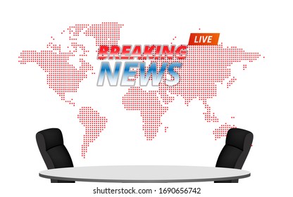 white table and chairs with world map on lcds background in the news studio room