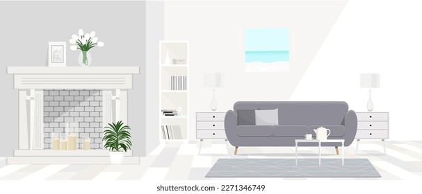 White table illustration on carpet in front of grey settee in apartment interior with painting and lamp. 